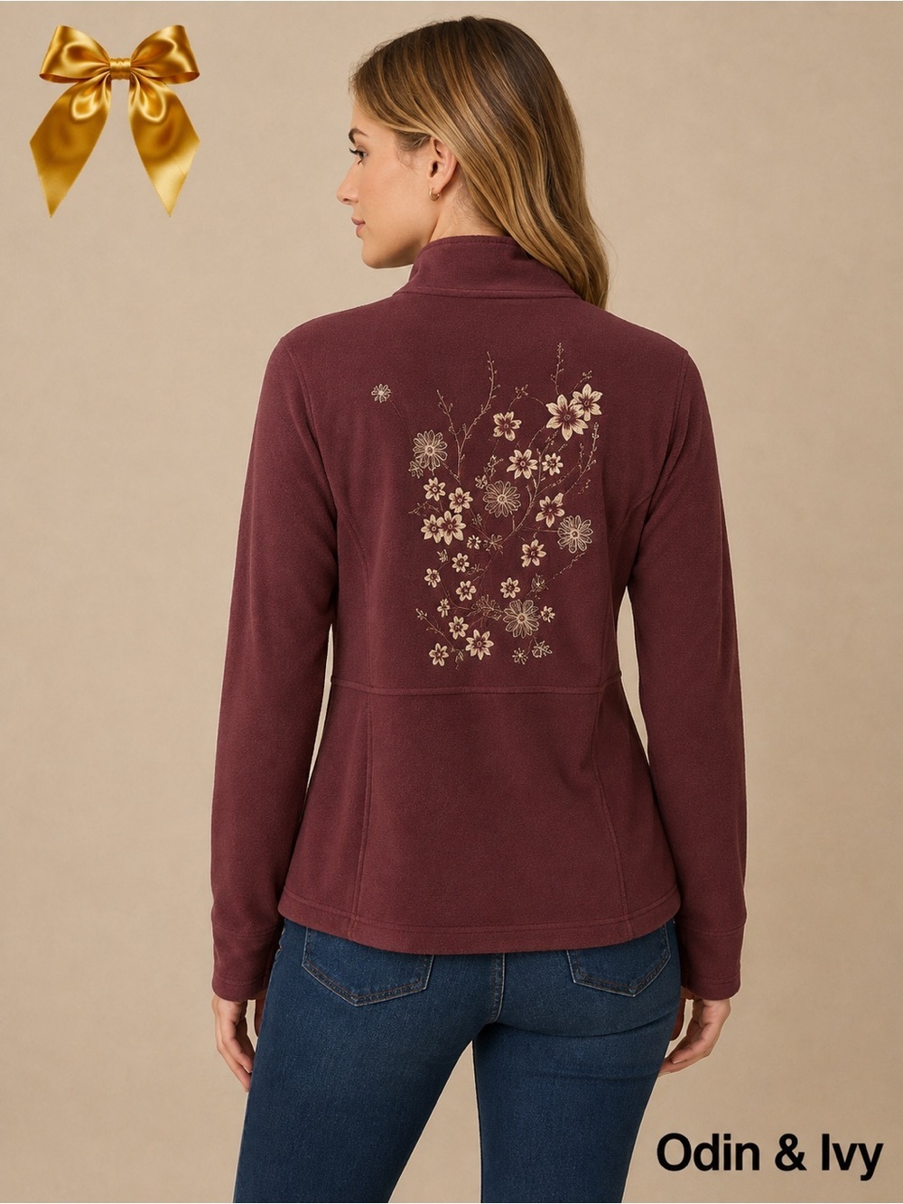 Odin & Ivy Ruched Back Decorated Burgundy Pockets Full Zip Cover Sx L